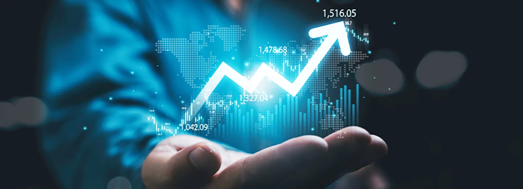 手から折れ線グラフのホログラムを出している画像