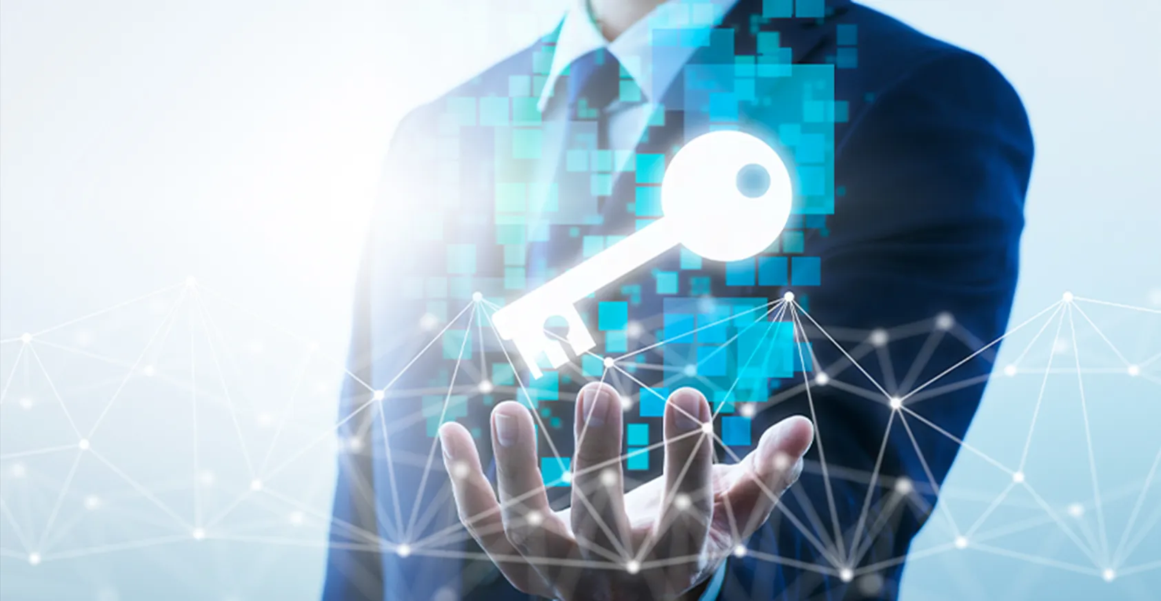 スーツを着た段差性が手からホログラムの鍵を出している画像