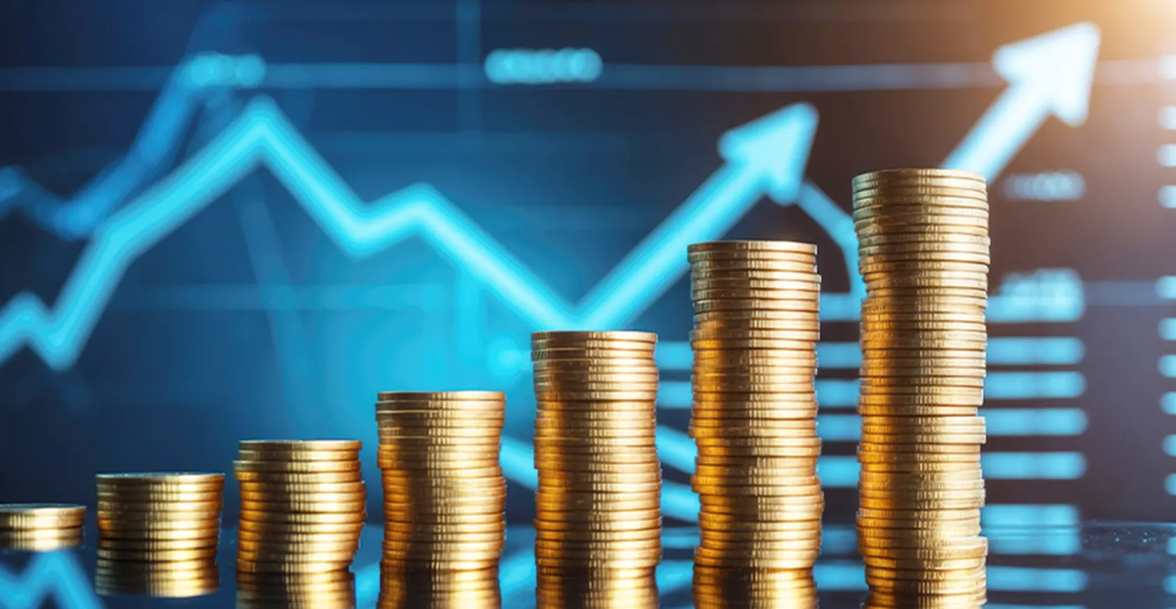背景に折れ線グラフがあり、手間にコインが積まれた画像